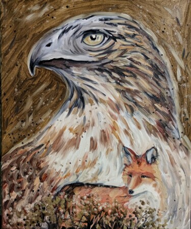 Malerei mit dem Titel "Falcon and fox" von Valentina Reymer, Original-Kunstwerk, Öl