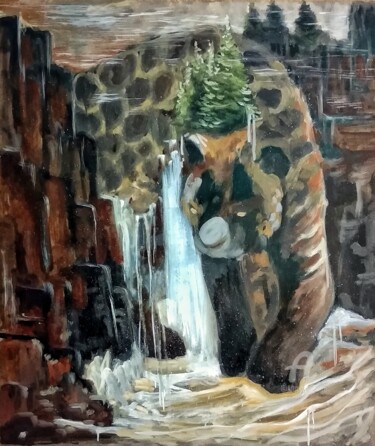 Painting titled "Behind the waterfall" by Valentina Reymer, Original Artwork, Oil