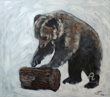 Painting titled "Rolling log. Bear" by Valentina Reymer, Original Artwork, Oil
