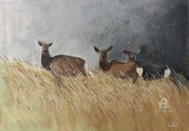 Painting titled "Deer on an air walk…" by Valentina Reymer, Original Artwork, Oil