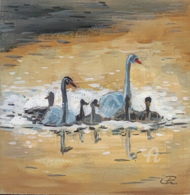 Painting titled "Family of swans on…" by Valentina Reymer, Original Artwork, Oil