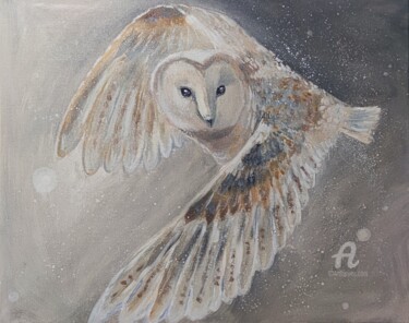 Painting titled "Flying Owl, White N…" by Valentina Reymer, Original Artwork, Oil