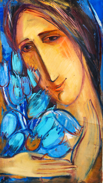 Painting titled "Девушка с голубыми…" by Valentina Samoilik-Artyushenko, Original Artwork, Oil Mounted on Wood Stretcher fra…