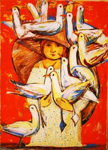 Painting titled "Девочка с чайками" by Valentina Samoilik-Artyushenko, Original Artwork, Oil Mounted on Wood Stretcher frame