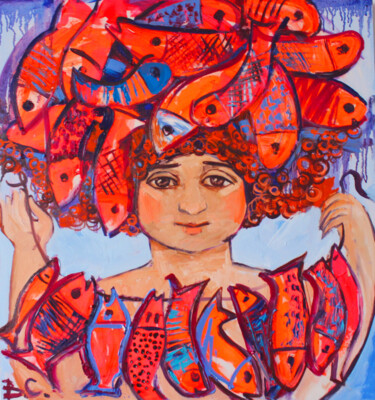 Картина под названием "Девочка с красными…" - Valentina Samoilik-Artyushenko, Подлинное произведение искусства, Масло