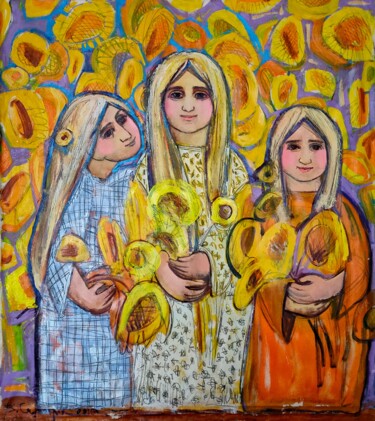 Картина под названием "Девочки в подсолнух…" - Valentina Samoilik-Artyushenko, Подлинное произведение искусства, Масло Устан…
