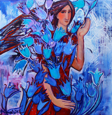 Картина под названием "Девушка с голубыми…" - Valentina Samoilik-Artyushenko, Подлинное произведение искусства, Масло