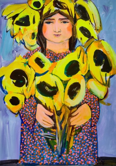 Картина под названием "Девочка с подсолнух…" - Valentina Samoilik-Artyushenko, Подлинное произведение искусства, Акрил