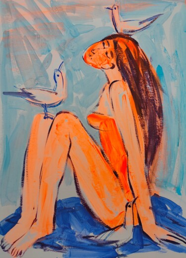 Schilderij getiteld "Девушка с чайками,…" door Valentina Samoilik-Artyushenko, Origineel Kunstwerk, Acryl