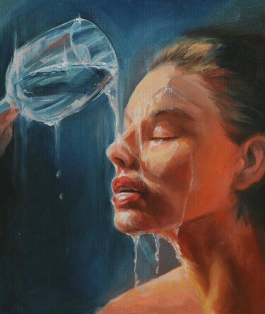 Картина под названием "Girl with a glass" - Valentina Shatokhina, Подлинное произведение искусства, Масло Установлен на карт…