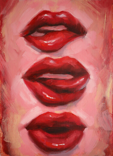 Painting titled "Red lips" by Valentina Shatokhina, Original Artwork, Oil Mounted on Cardboard