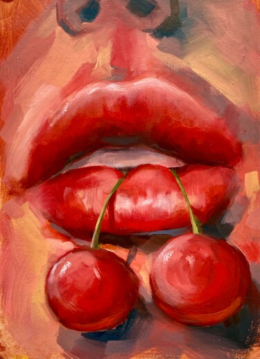 Schilderij getiteld "Cherry lips" door Valentina Shatokhina, Origineel Kunstwerk, Olie Gemonteerd op Karton
