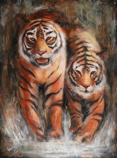 Painting titled "Tiger" by Valentina Shatokhina, Original Artwork, Oil Mounted on Wood Stretcher frame