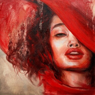 Painting titled "Woman in red" by Valentina Shatokhina, Original Artwork, Oil Mounted on Wood Panel
