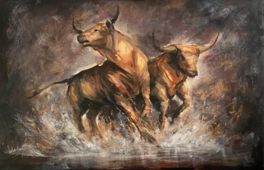 Painting titled "Strong bulls - text…" by Valentina Shatokhina, Original Artwork, Oil Mounted on Wood Stretcher frame