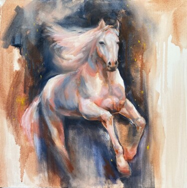 Painting titled "White horse" by Valentina Shatokhina, Original Artwork, Oil Mounted on Cardboard