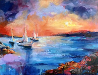 Картина под названием "Seascape - sailboat…" - Valentina Shatokhina, Подлинное произведение искусства, Масло Установлен на Д…