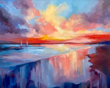 Painting titled "Sunset at sea-livin…" by Valentina Shatokhina, Original Artwork, Oil Mounted on Wood Stretcher frame