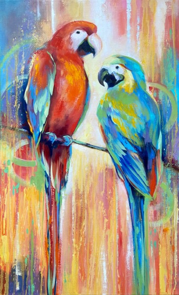 Painting titled "Parrots-colorful bi…" by Valentina Shatokhina, Original Artwork, Oil Mounted on Wood Stretcher frame