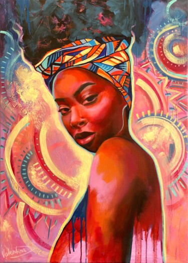 Painting titled "African queen 3" by Valentina Shatokhina, Original Artwork, Oil Mounted on Wood Stretcher frame