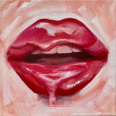 Painting titled "Shiny lips" by Valentina Shatokhina, Original Artwork, Oil Mounted on Wood Stretcher frame
