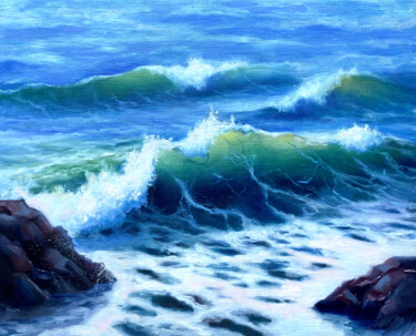 Painting titled "The wave" by Valentina Shatokhina, Original Artwork, Oil Mounted on Wood Stretcher frame