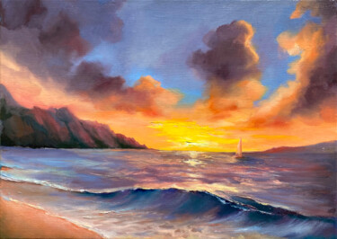 Painting titled "Sunset at sea" by Valentina Shatokhina, Original Artwork, Oil Mounted on Wood Stretcher frame