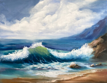 Painting titled "Shore wave" by Valentina Shatokhina, Original Artwork, Oil Mounted on Cardboard