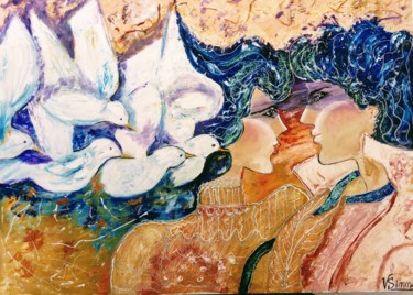 Картина под названием "Любовь и голуби" - Валентина Симма, Подлинное произведение искусства, Масло
