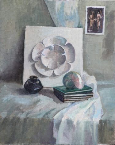 Painting titled "White still life" by Valentina Timchenko, Original Artwork, Oil Mounted on Wood Stretcher frame
