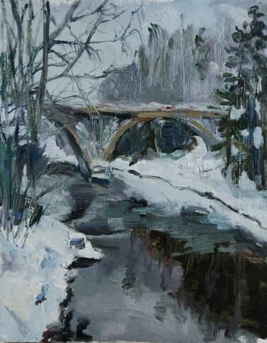 Painting titled "Karelian Bridge" by Valentina Timchenko, Original Artwork, Oil Mounted on Wood Stretcher frame