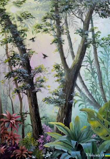 Painting titled "In the rainforest" by Valentina Valevskaya, Original Artwork, Oil Mounted on artwork_cat.