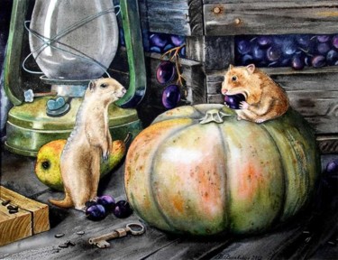 Картина под названием "Ground squirrel and…" - Valentina Valevskaya, Подлинное произведение искусства, Масло