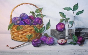 Картина под названием "A basket with plums" - Valentina Valevskaya, Подлинное произведение искусства, Масло