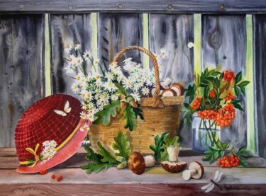 Картина под названием "Hat and mushrooms…" - Valentina Valevskaya, Подлинное произведение искусства, Масло