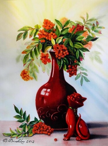 Painting titled "Алая кошка   Red Cat" by Valentina Valevskaya, Original Artwork, Oil