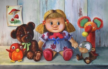 Картина под названием "Stuffed toy friends…" - Valentina Valevskaya, Подлинное произведение искусства, Масло