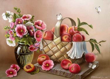 Картина под названием "A bast basket of pe…" - Valentina Valevskaya, Подлинное произведение искусства, Масло