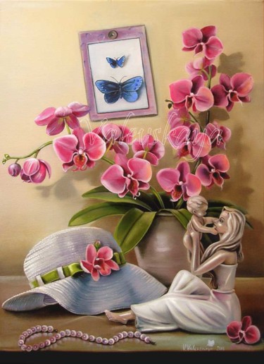 Peinture intitulée "Orchid and hat.  Ор…" par Valentina Valevskaya, Œuvre d'art originale, Huile