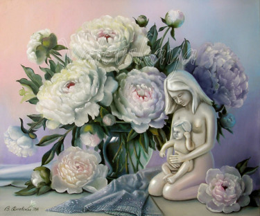 Картина под названием "В белых пионах.   I…" - Valentina Valevskaya, Подлинное произведение искусства, Масло