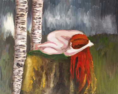 Painting titled "Elf Girl with Birch…" by Valentina Ginevra Ceraso, Original Artwork, Oil
