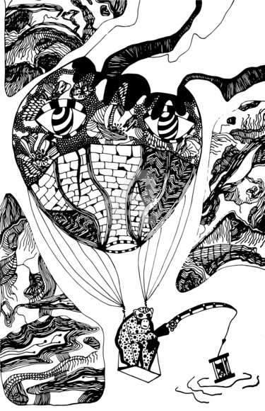 Druckgrafik mit dem Titel "La mongolfière" von La Distraite, Original-Kunstwerk, Siebdruck