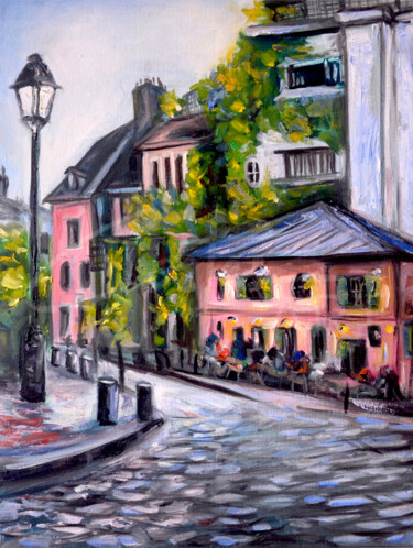 Painting titled "Rue de Montmartre" by Valentine Costes Art, Original Artwork, Oil Mounted on Wood Stretcher frame