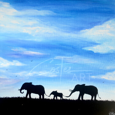 Painting titled "Famille d'Éléphants" by Valentine Costes Art, Original Artwork, Acrylic Mounted on Wood Stretcher frame