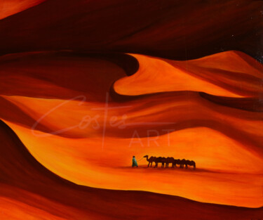Painting titled "Caravane dans le dé…" by Valentine Costes Art, Original Artwork, Acrylic Mounted on Wood Stretcher frame