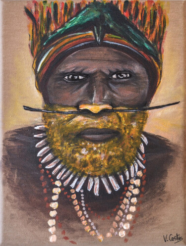 Painting titled "Homme de Papouasie" by Valentine Costes Art, Original Artwork, Acrylic Mounted on Wood Stretcher frame