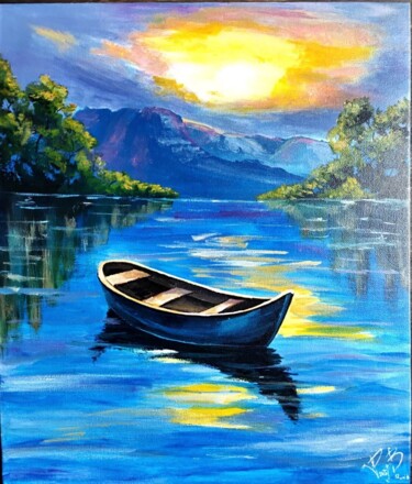 Painting titled "Quiet place. Boat o…" by Valentine Rayer, Original Artwork, Acrylic