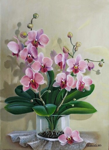 Ζωγραφική με τίτλο "pink orchid" από Valentyna Valevska, Αυθεντικά έργα τέχνης, Λάδι Τοποθετήθηκε στο Ξύλινο φορείο σκελετό