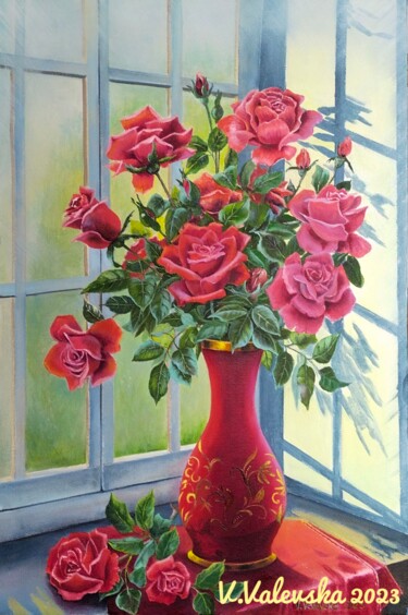 Malerei mit dem Titel "Red roses" von Valentyna Valevska, Original-Kunstwerk, Öl Auf Keilrahmen aus Holz montiert