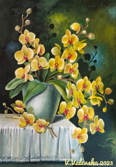 Painting titled "yellow orchids" by Valentyna Valevska, Original Artwork, Oil Mounted on Wood Stretcher frame